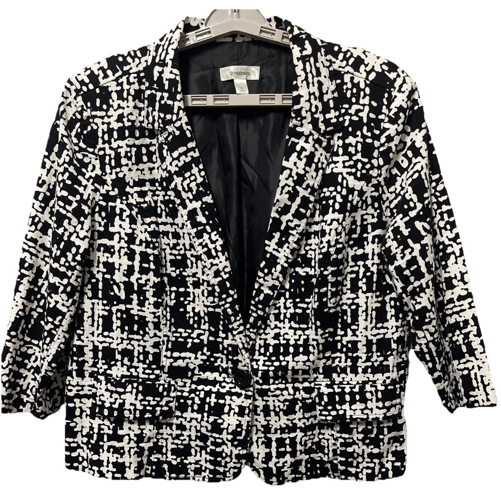 Dressbarn Womens Black/White Plaid Blazer Sz XL Lightweight Jacket/Button Detail